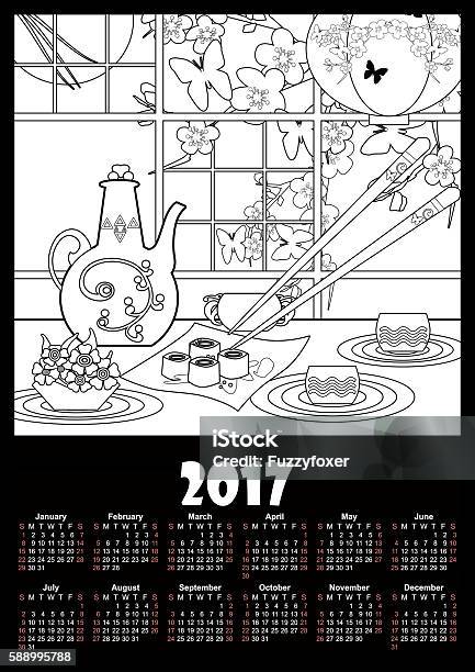 Calendar 2017 Template With Sushi And Flowers Coloring Page Stock Illustration - Download Image Now