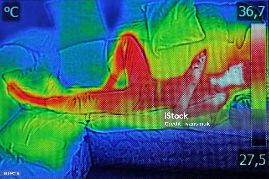 Infrared image showing the heat emission when woman used smartphone Infrared thermography image showing the heat emission when woman used smartphone or cell phone. Camera - Photographic Equipment Stock Photo