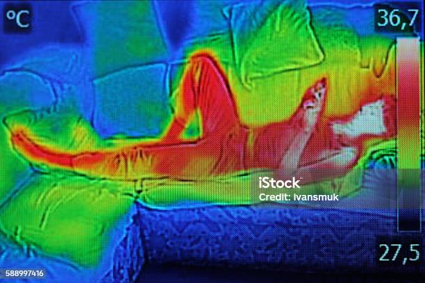 Infrared Image Showing The Heat Emission When Woman Used Smartphone Stock Photo - Download Image Now