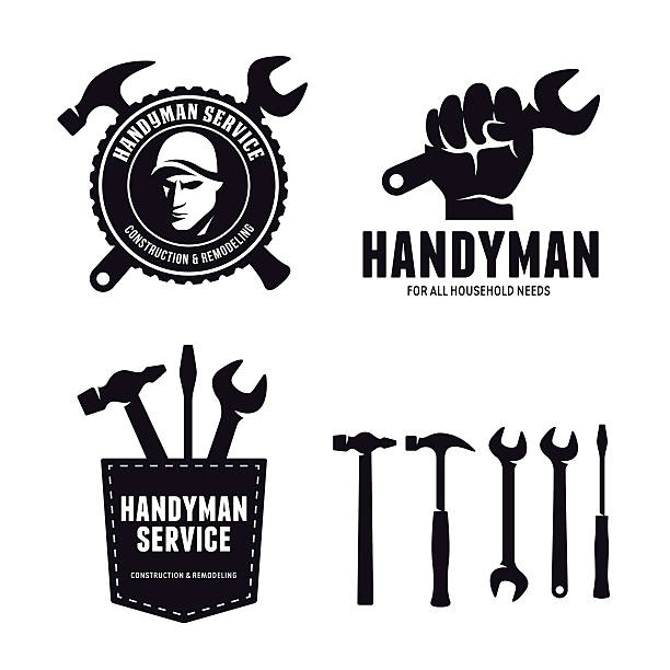 Handyman labels badges emblems and design elements. Carpentry related vector Handyman labels badges emblems and design elements. Tools silhouettes. Carpentry related vector vintage illustration. hand wrench stock illustrations