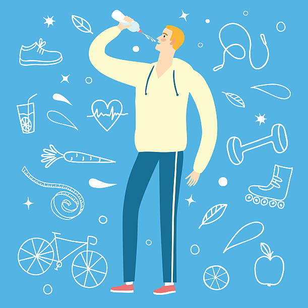 水を飲む漫画の男。 - relaxation exercise fruit bicycle mode of transport点のイラスト素材／クリップアート素材／マンガ素材／アイコン素材