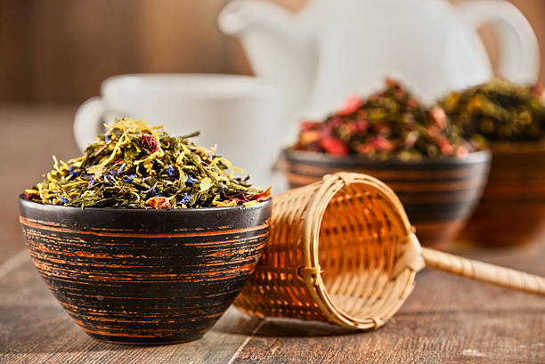 istock Composition with bowls of tea leaves 589000390
