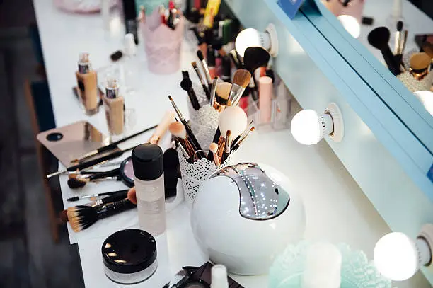many accessories of make-up artist and stylist in a beauty salon