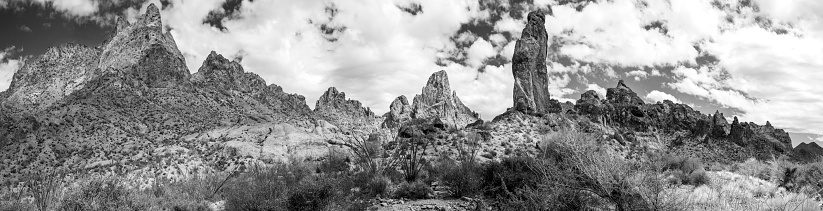 Panorama of Summit Canyon in the Kofa Mountains Wilderness in Yuma County near Quartzite Arizona photographed in black and white.