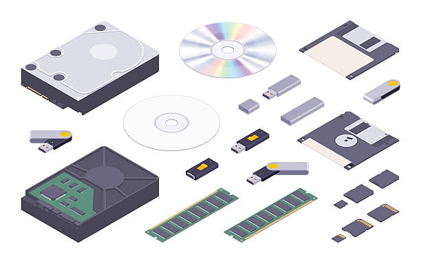 ilustrações, clipart, desenhos animados e ícones de conjunto de armazenamentos de memória digital plana isométrico - cd cd rom dvd technology