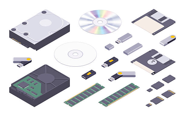 набор изометрических плоских цифровых хранилищ памяти - cd cd rom dvd technology stock illustrations