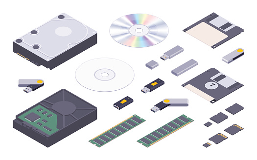 Isometric flat digital memory storages set. The objects are isolated against the white background and shown from two sides