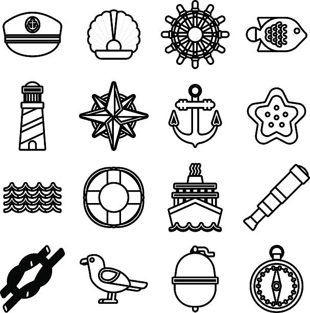 морские морские иконы вектор набор. - buoy anchored sea wave stock illustrations