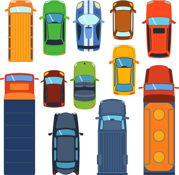 Car top view vector set. Vector cars icon set. From above car top view. Includes sedan commercial van truck wagon, cabrio, sport car, hatchback vehicles. Transportation vehicle collection design car top view motor van. ford truck black stock illustrations