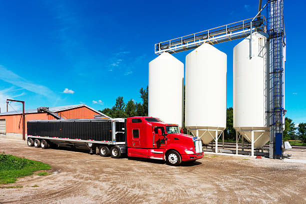 bright red semi truck by white grain storage silos - truck midwest usa usa day zdjęcia i obrazy z banku zdjęć