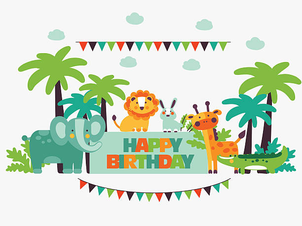 herzlichen glückwunsch zum geburtstag. schöne karte mit niedlichen lustige tiere und girlanden - baby congratulating toy birthday stock-grafiken, -clipart, -cartoons und -symbole