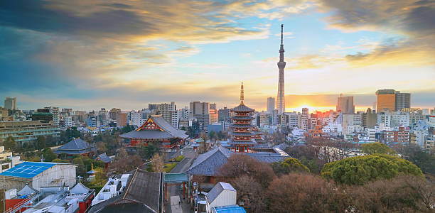 blick auf die skyline von tokio in der dämmerung - japan tokyo tower tokyo prefecture tower stock-fotos und bilder