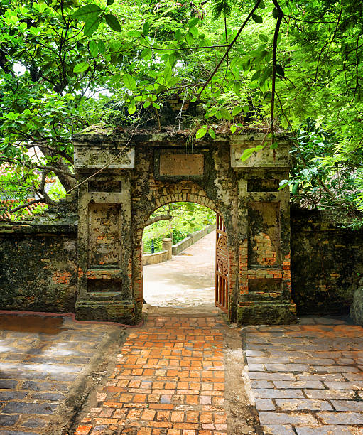 istock Brick walkway to old stone gate leading into tropical garden 589095694