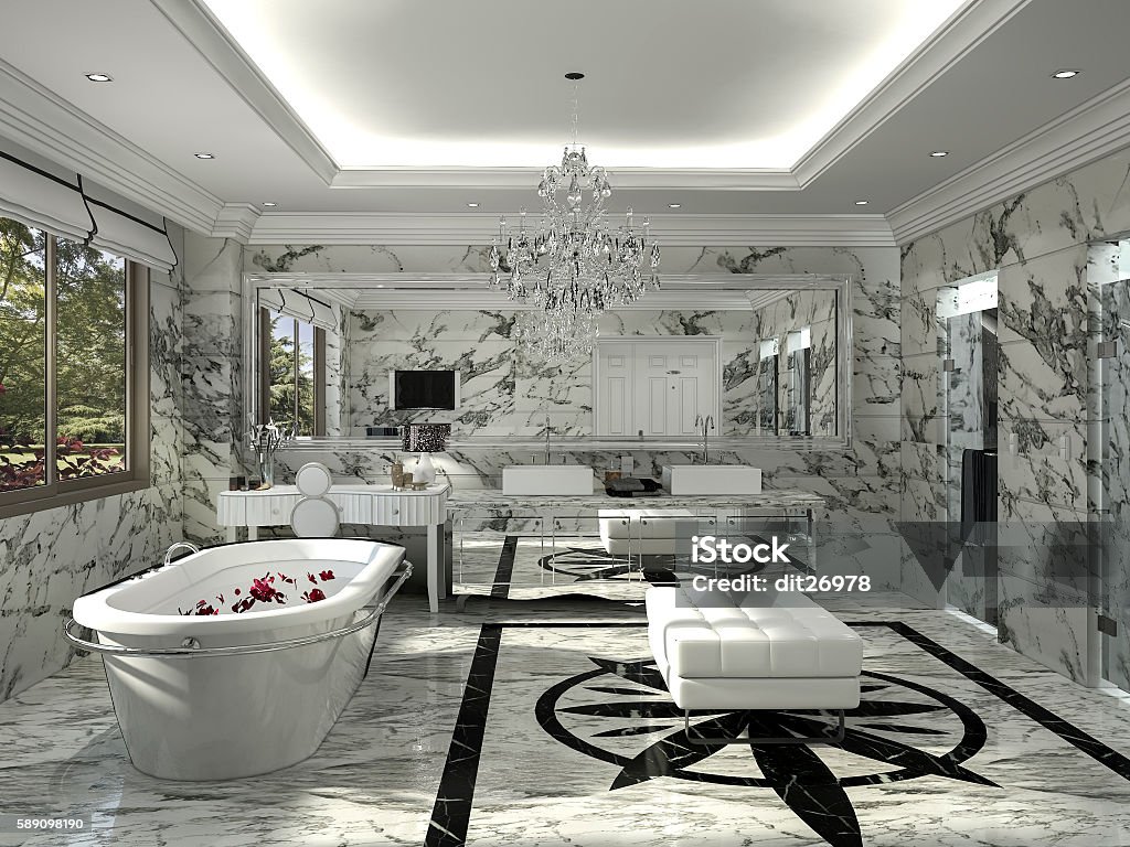 3d rendering classic bathroom with nice marble decoration 3d rendering interior by 3dsmax Bathroom Stock Photo