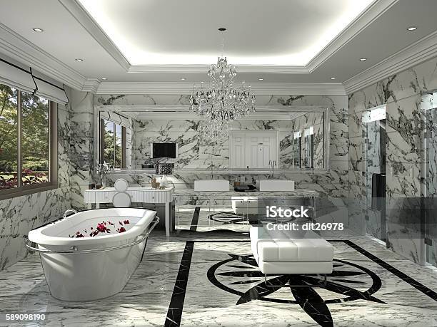 3d Rendering Classic Bathroom With Nice Marble Decoration Stock Photo - Download Image Now
