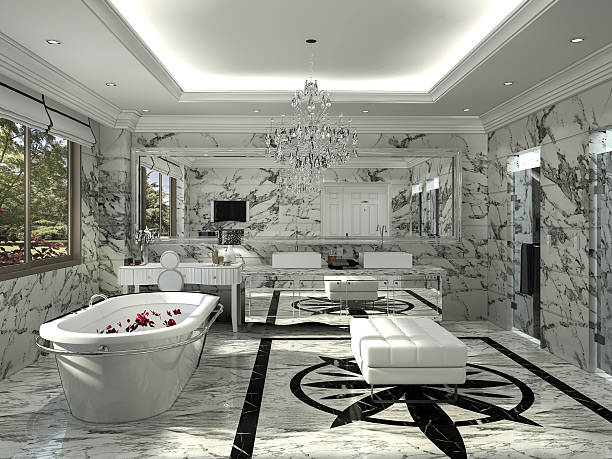 3d rendering classic bathroom with nice marble decoration - tile bathroom tiled floor marble imagens e fotografias de stock