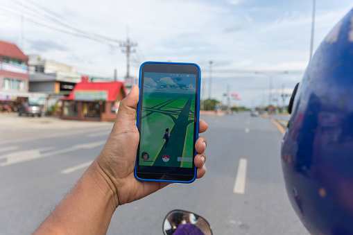 Bangkok, Thailand - August 13, 2016: Pokemon Go application game on android mobile smartphone. Launched in Thailand on August 6, 2016 is very popular. But the problem of road accidents.
