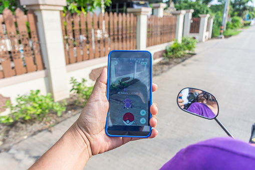 Bangkok, Thailand - August 13, 2016: Pokemon Go application game on android mobile smartphone. Launched in Thailand on August 6, 2016 is very popular. But the problem of road accidents.