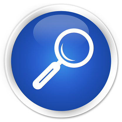 Magnifying glass icon blue glossy round button