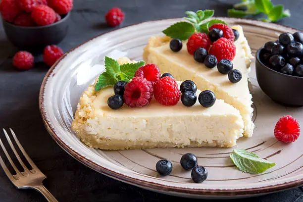 Homemade cheesecake with fresh berries and mint for dessert