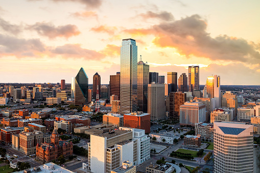 Dallas, Texas cityscape with blue sky at sunset, Texas