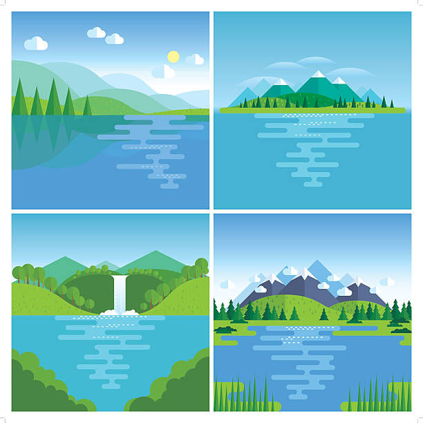 best nature location A set of 4 modern beautiful nature illustration. Each scene is grouped individually. lake stock illustrations