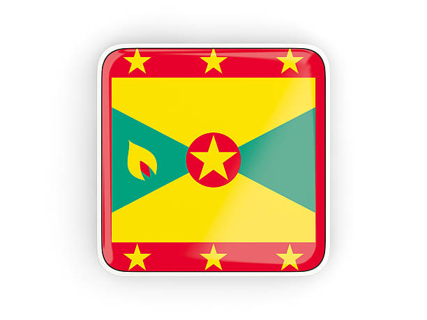 Flag of grenada, square icon with white border. 3D illustration
