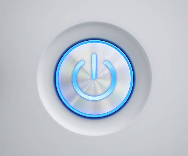 Power button with blue glow Power button with blue glow. 3D rendering start button stock pictures, royalty-free photos & images