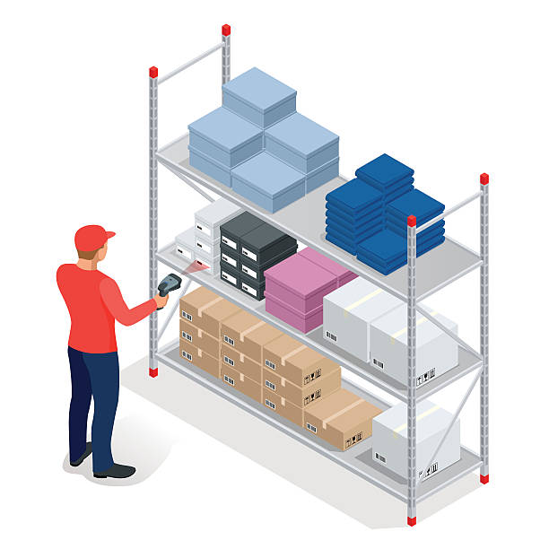 Isometric Warehouse manager or worker with bar code scanner checking Warehouse manager or warehouse worker with bar code scanner checking goods on storage racks. Stock taking job. Flat 3d vector isometric illustration storage device stock illustrations