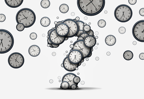 Time questions concept as a group of floating clocks and timepieces shaped as a question mark as a metaphor for deadline or business schedule confusion or corporate appointment information as a 3D illustration.