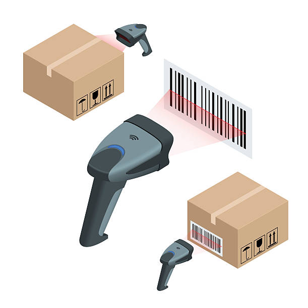 ilustrações de stock, clip art, desenhos animados e ícones de isometric manual scanner of bar codes - parcel label