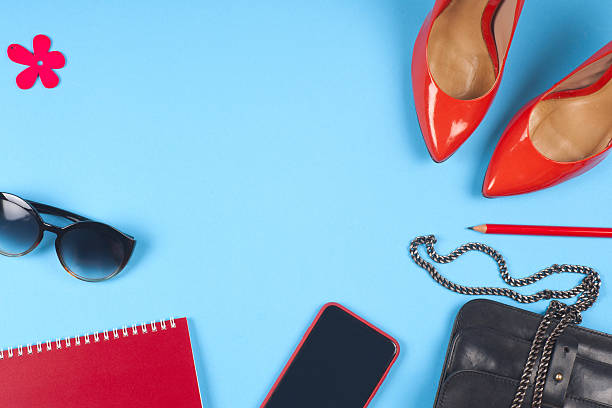 istock Women accessories and shoes on light background. Top view. 589108270