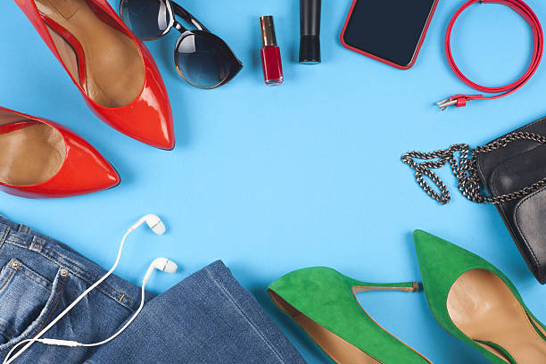 istock Women accessories and shoes on light background. Top view. 589108512