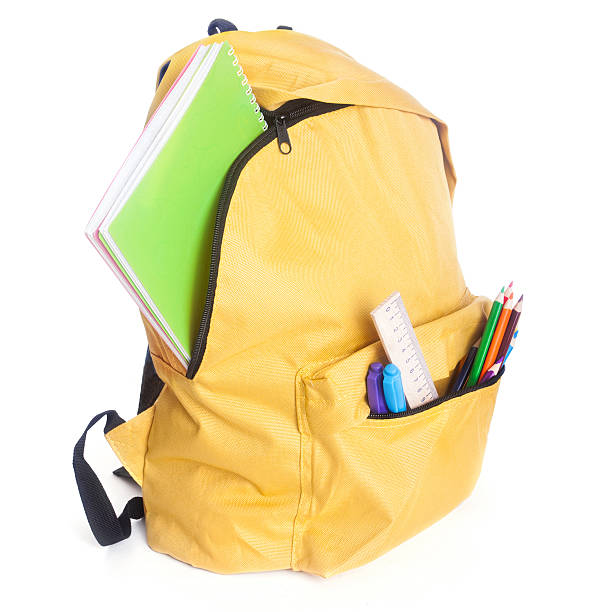 กระเป๋าเป้สะพายหลังที่เต็มไปด้วยอุปกรณ์การเรียน - satchel bag ภาพสต็อก ภา��พถ่ายและรูปภาพปลอดค่าลิขสิทธิ์