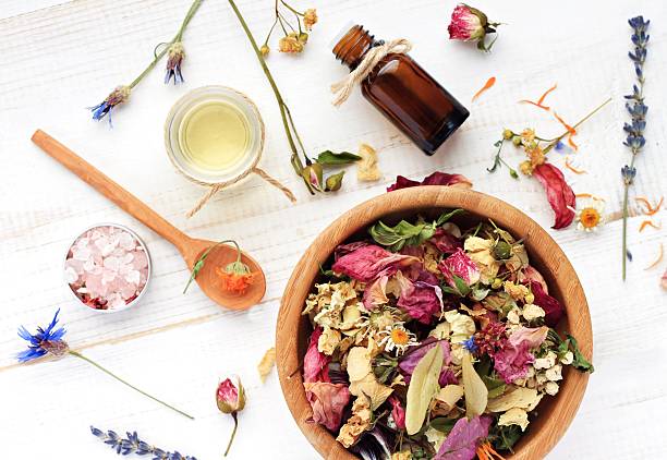 istock Herbal skincare ingredient preparation background 589109780