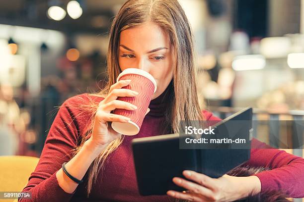 Woman At Coffee Break Stock Photo - Download Image Now - 20-29 Years, Adult, Beautiful People