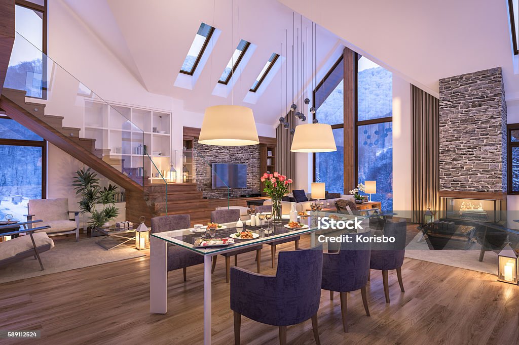 3D rendering of evening living room of chalet 3D rendering of cozy living room on cold winter night in the mountains, evening interior of chalet decorated with candles, fireplace fills the room with warmth. Night Stock Photo