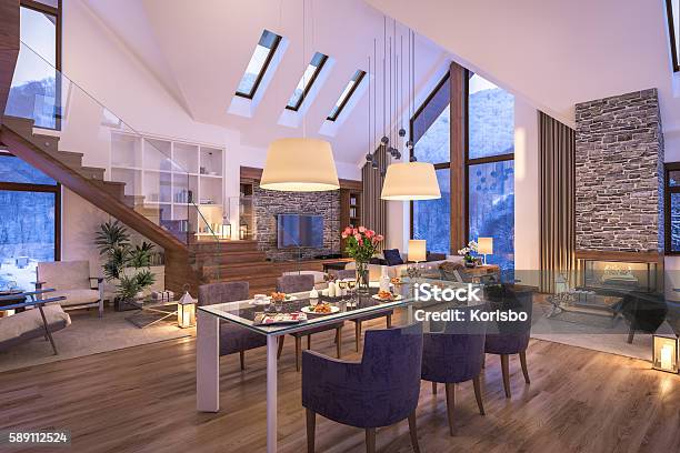 3d Rendering Of Evening Living Room Of Chalet Stock Photo - Download Image Now - Night, Living Room, Chalet