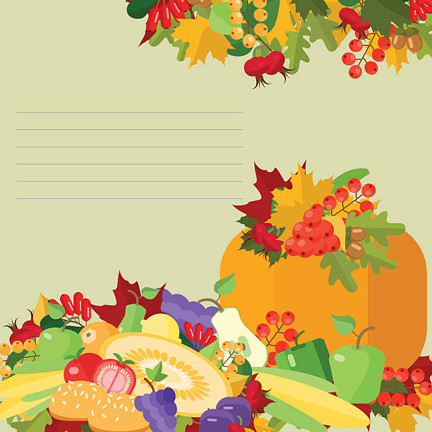 illustrazioni stock, clip art, cartoni animati e icone di tendenza di giorno del ringraziamento, biglietto d'auguri con zucca e frutta - thanksgiving plum autumn apple