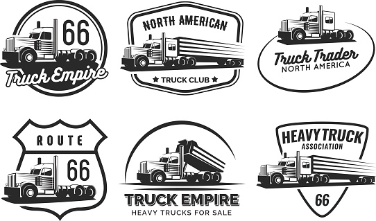 Set of classic heavy truck emblems and badges. Truck with trailer and tip truck. Vector illustration.