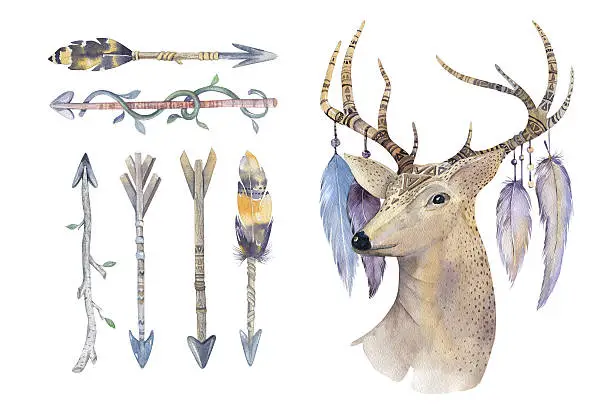 Photo of Watercolor hand drawn arrows set with deer. ethnic native american