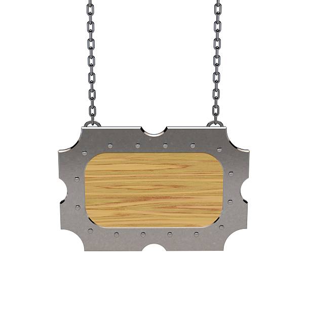 istock Blank wooden signboard with metallic border hanging on chain. 589114698
