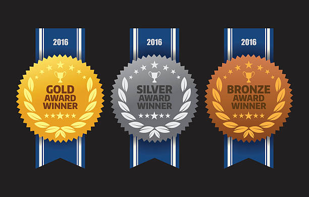 Gold, silver and bronze winner medals Vector of Gold, silver and bronze winner award medals with blue color ribbon on black background. EPS ai 10 file format. award bronze medal medal ribbon stock illustrations