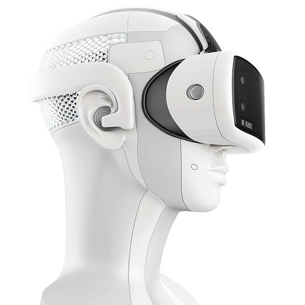 istock Unusual virtual reality headset with integrated headphones 589116018