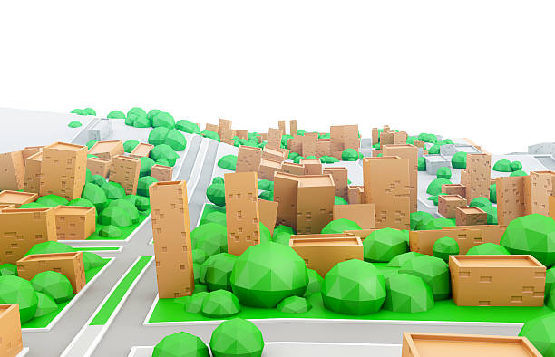 Abstract 3d model of a cardboard city with empty white sky. Low poly toy town.