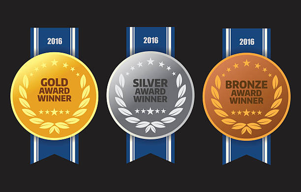 Gold, silver and bronze winner medals Vector of Gold, silver and bronze winner award medals with blue color ribbon on black background. EPS ai 10 file format. gold medal stock illustrations