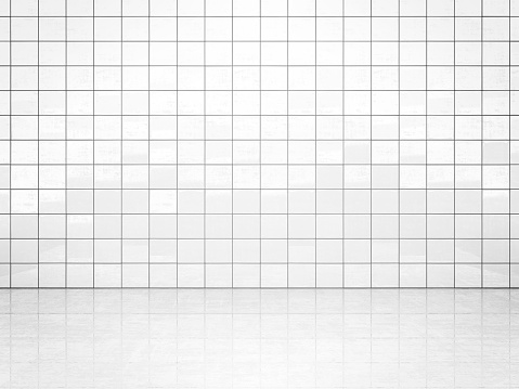 White ceramic tile wall and concrete floor. Bath or toilet room background. 3D illustration