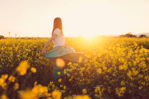 Rear view of a beautiful, russet young woman dancing in the middle of the flower meadow, surrounded by yellow flowers