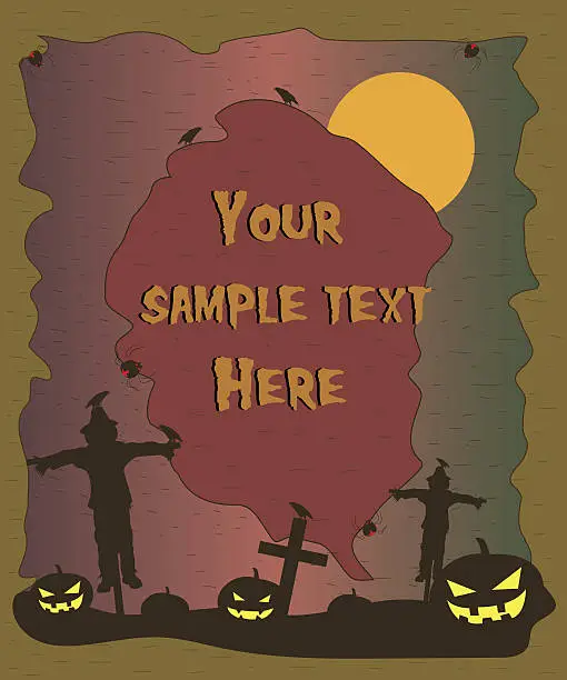 Vector illustration of Halloween poster with scarecrow and pumpkins silhouettes. Halloween background. Vector