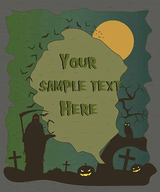 Vector illustration of Halloween poster with grim reaper and pumpkins silhouettes. Halloween background.